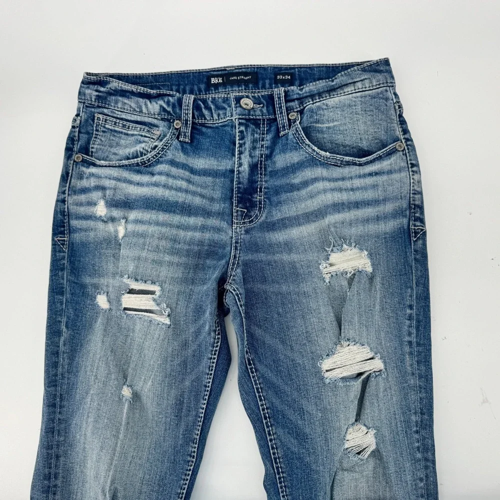 BKE Jake Straight Jeans Mens 33x34 Blue‎ Distressed Ripped Denim Stretch Pants